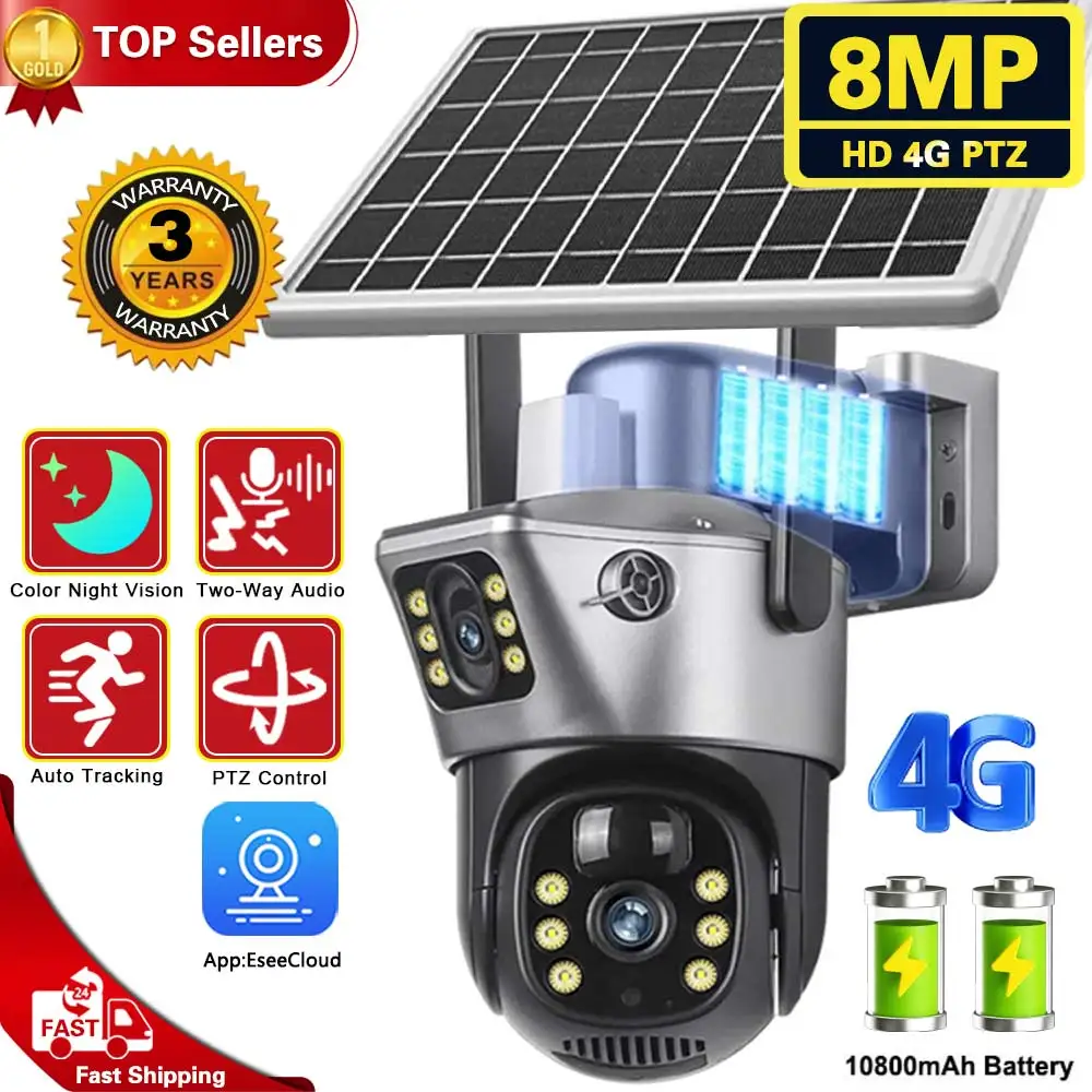 

4K 8MP 4G Free Gift Sim Card Solar Battery Camera Outdoor Wireless Dual Lens Dual Screen Security Protection Surveillance CCTV