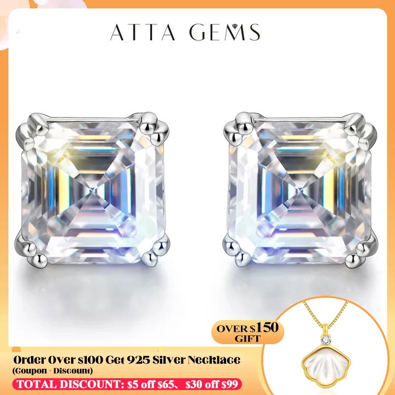 

ATTAGEMS Total 0.8ct 6.0mm Moissanite D Color VVS1 Asscher Cut 18K White Gold Plated Earrings Jewelry Woman Girlfriend Gift