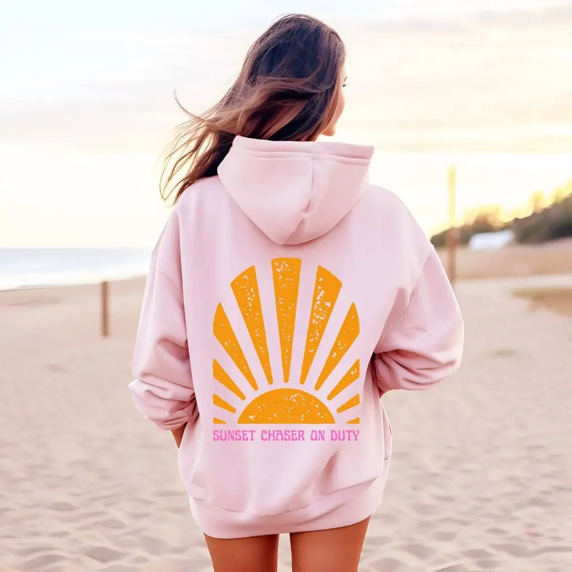 SUNSET CHASER ON DUTY Spring and Autumn new womensolid color letter hooded fleece sweatshirt fashion casual hoodie