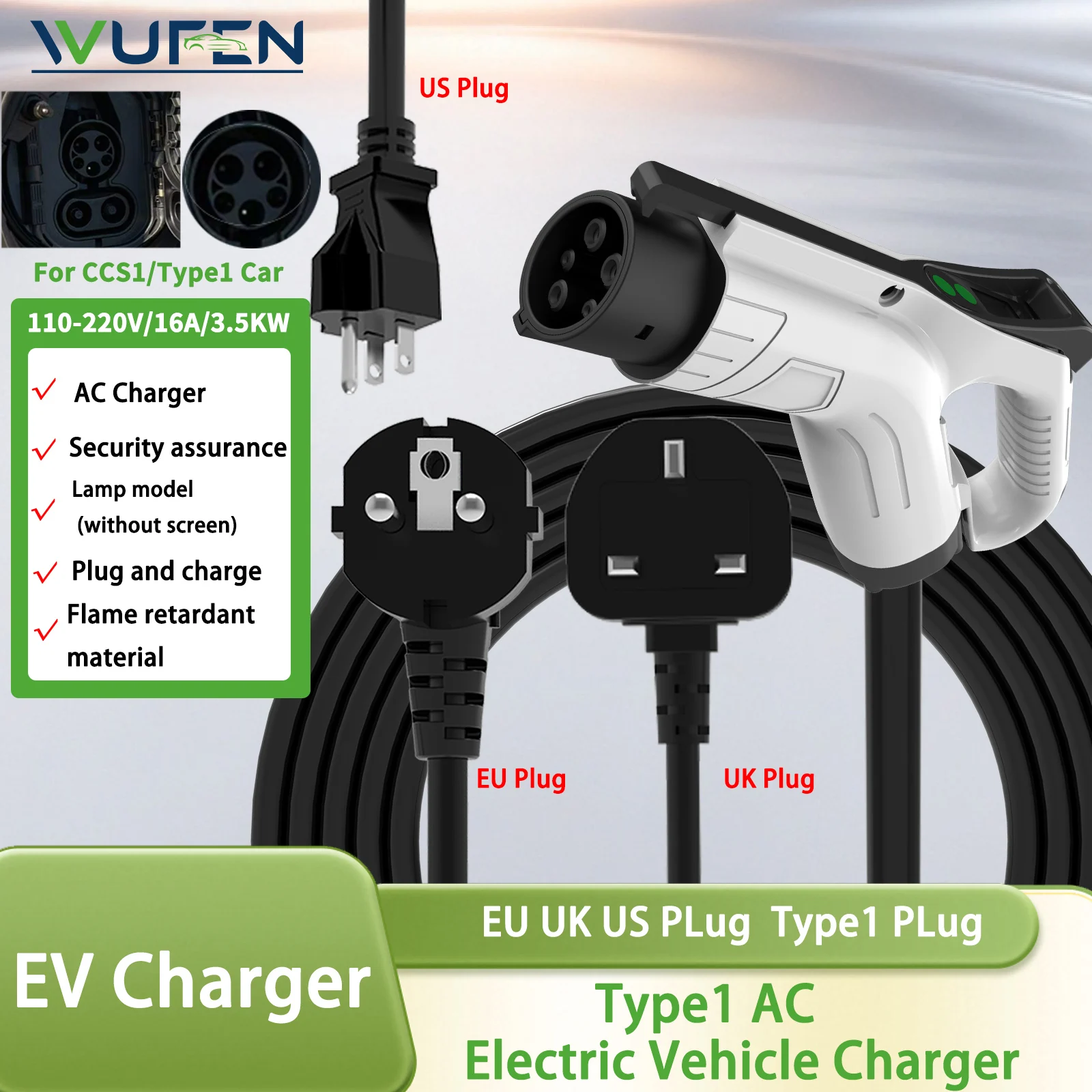 WUFEN US/UK/EU PLug Portable EV Charger 16A 3.5KW Type1 1M/3M/5M Cable Electric Vehicle Charging Station for Fast Home Charging
