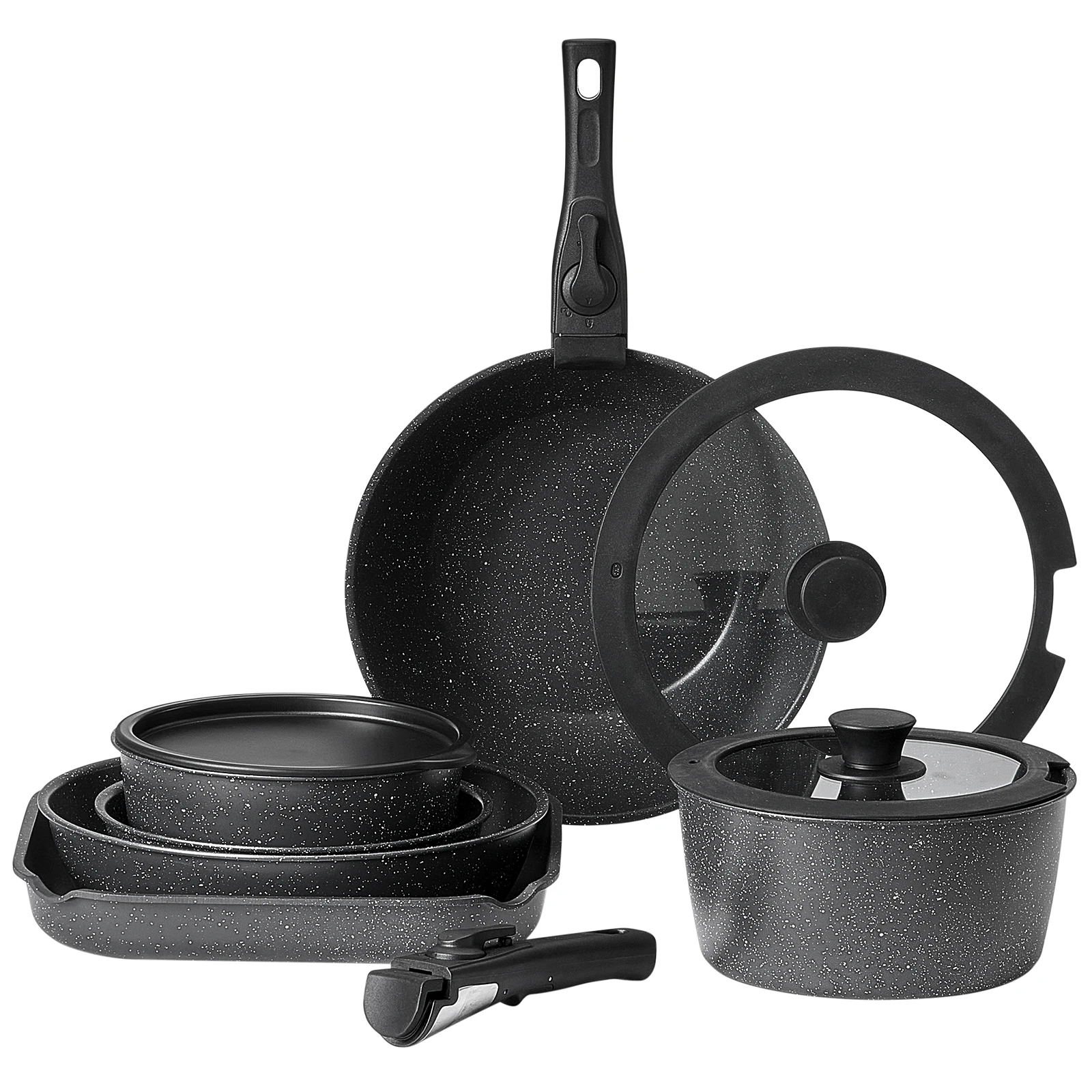 a*-SucceBuy 17 Pcs Nonstick Cookware Set Granite Pots and Pans Set Induction Cookwares Kitchen Cooking Set w/Frying Saute Pan