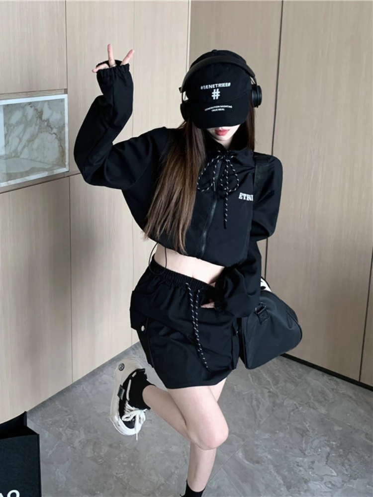 Korean Two Piece Set Long Sleeve Zipper Coat High Wast Bodycon Skirts Outfits Vintage Y2k Clothing Fashion Skirt Women Outfits