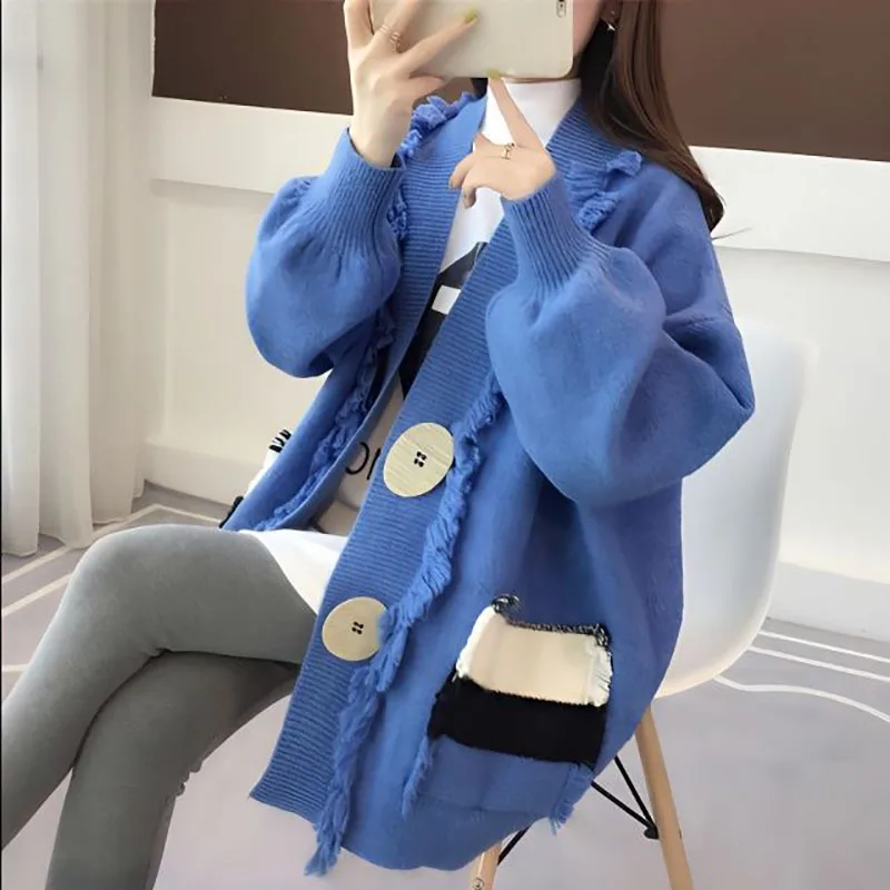 Fashion V-Neck Button Pockets Tassel Cardigan Sweater Female Clothing 2023 Winter New Oversized Loose All-match Commute Tops