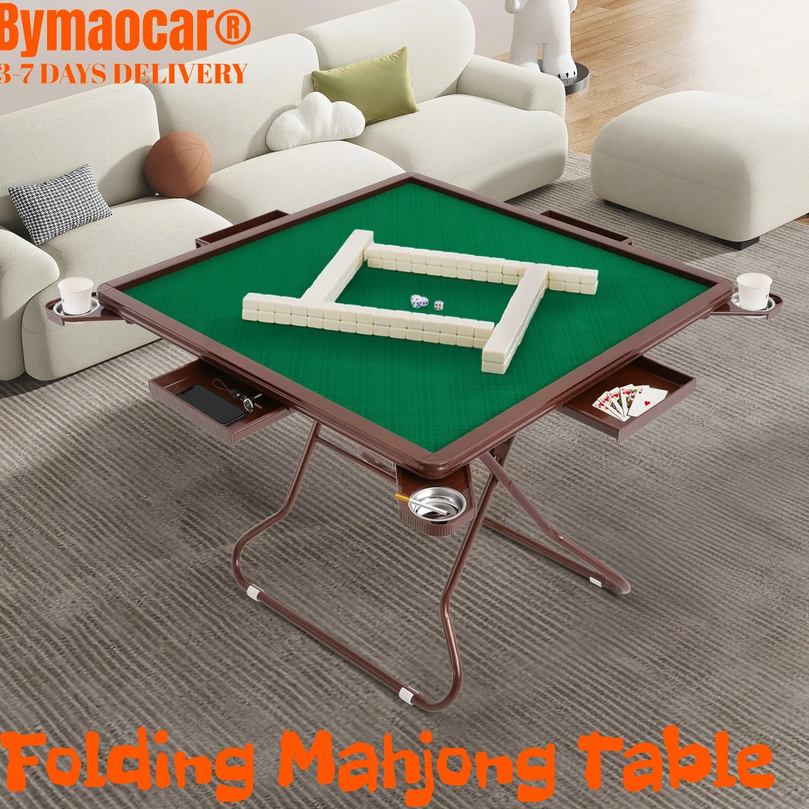 Mahjong Table with 4 Cup Holders & 4 Drawers for 4 People, Foldable Portable Game ABS Plastic and Stainless Steel for Durability