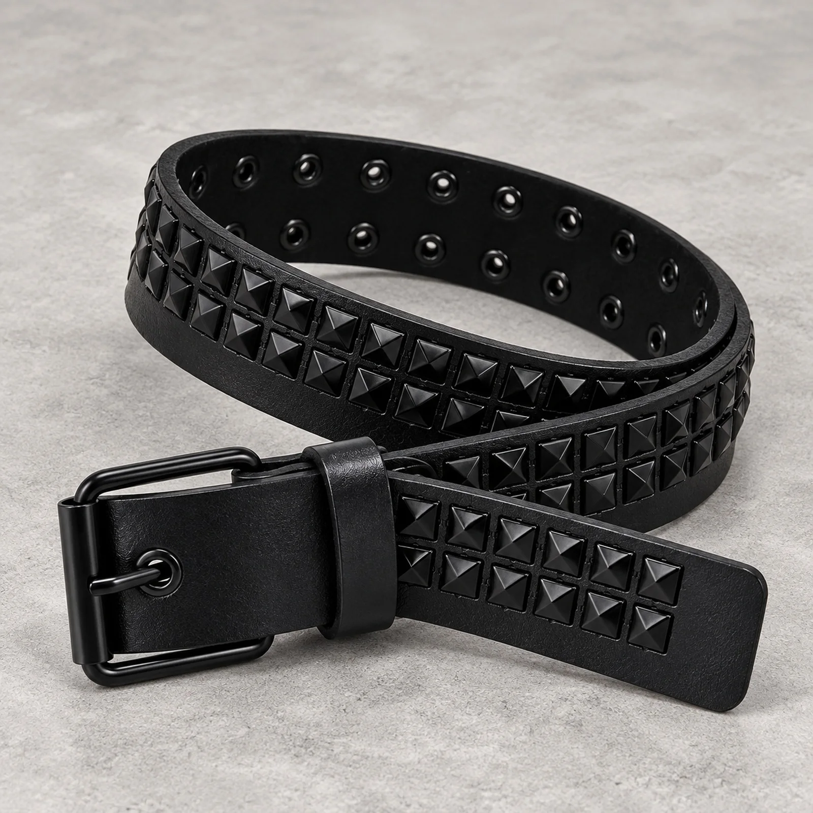 Unisex Black Punk Rock Belt Wide 3.8cm Two Row Black Metal Pyramid Studs Eyelets Rectangular Pin Buckle Jeans Streetwear Outfits