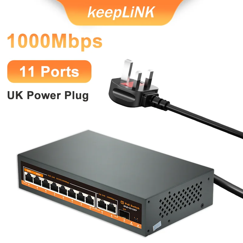 KeepLiNK 11-poorts volledig Gigabit ongemanagede Ethernet-switch met 8 IEEE 802.3af/at PoE+-poorten en 2 RJ45 & 1 SFP voor uplink