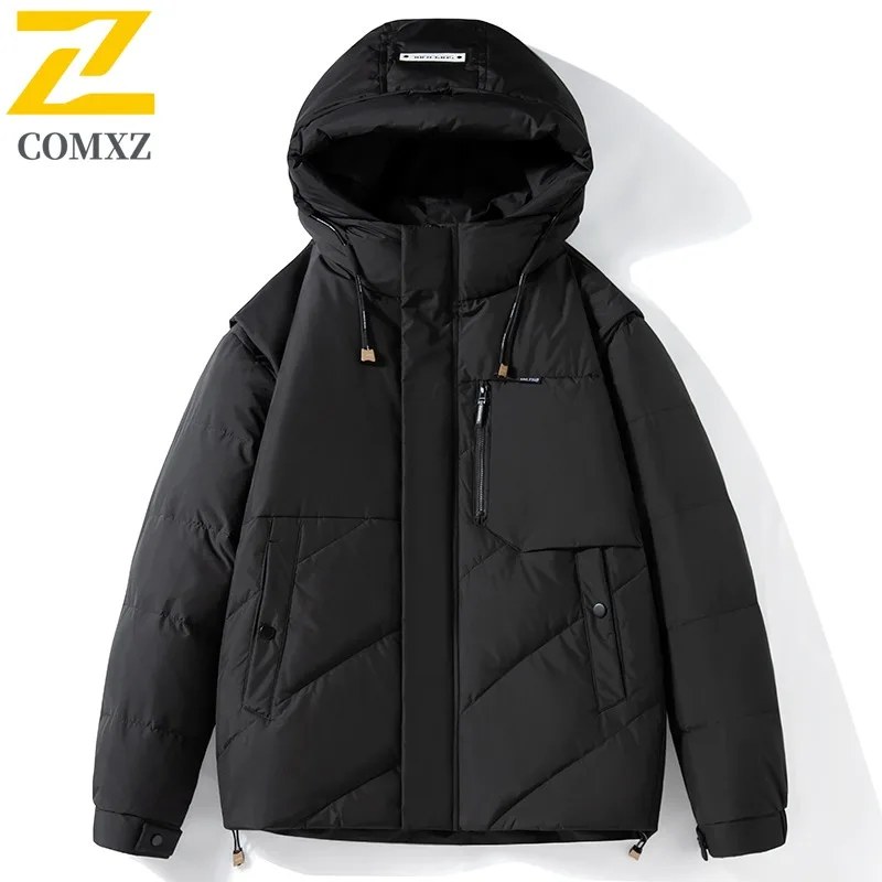 COMXZ Men Down Jacket Detachable Hood Short Style Thickened Youth White Duck Down Thermal Casual Couple lightweight windbreaker