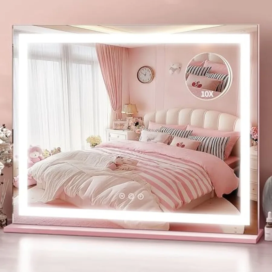 

23"x 18" Pink Vanity Mirror with Lights Large Lighted Makeup Mirror with 10X Magnifier 3 Color Lighting and Stepless Dimming Wa