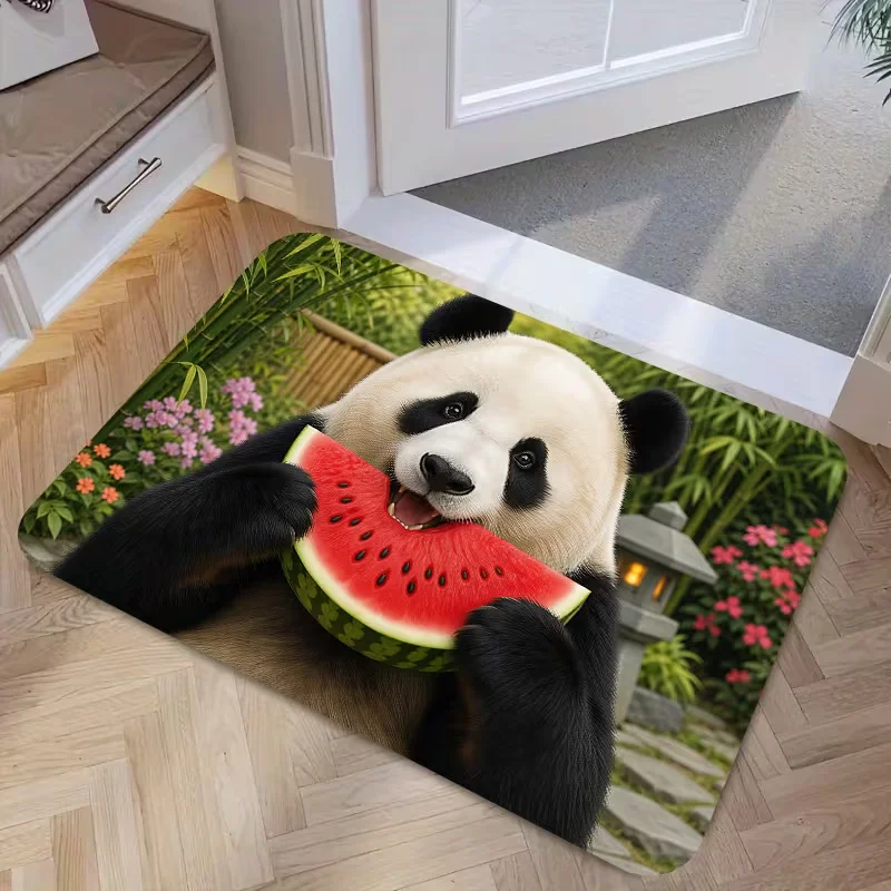 Cute Panda Eating Watermelon Doormat Lovely Animal Print Entrance Rug for Kitchen Entryway Indoor Porch Use