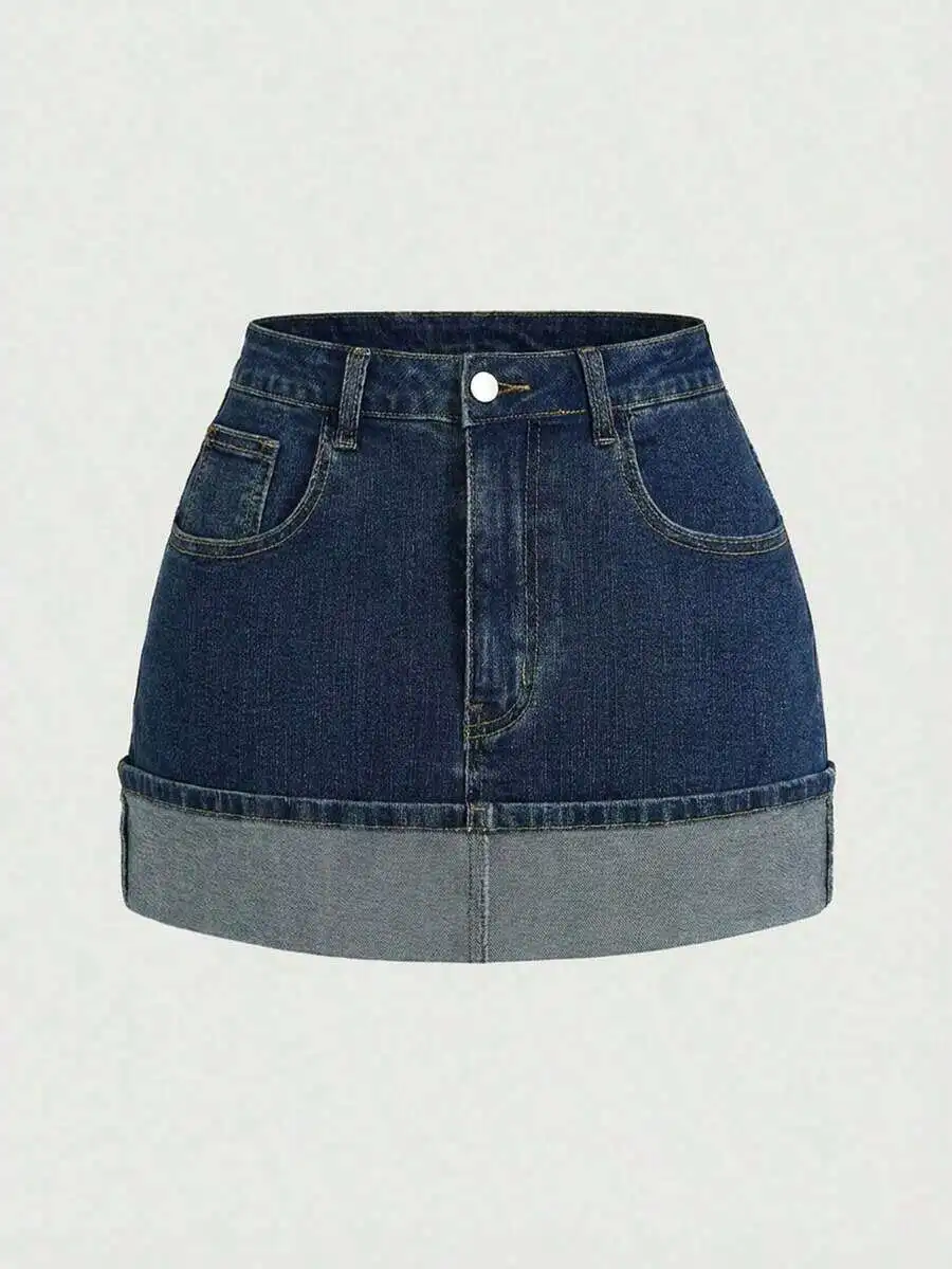 

Womens Casual Washed Color Block Denim Mini Skirt With Cuffed Hem