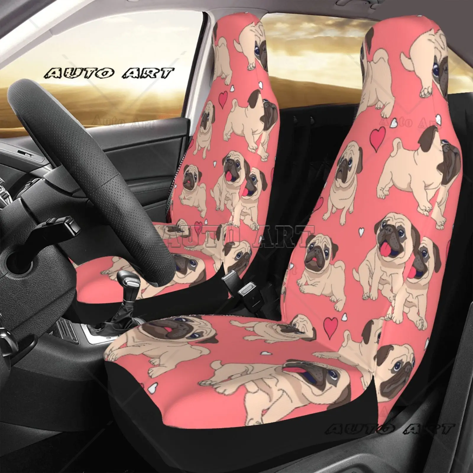

Funny Cartoon Pug Puppy Dog Car Seat Cover Protection Set 2 Pieces Cute All-Season Universal Car Seat Set
