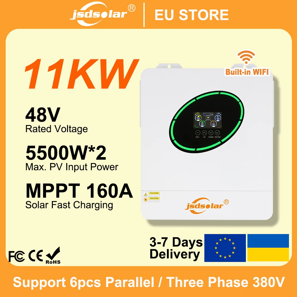 Jsdsolar 11KW 48V Hybrid MPPT Wechselrichter 220VAC Solar Parallel Photovoltaik-Wechselrichter On/Off-Grid Dual AC-Ausgang mit Integriertem WLAN