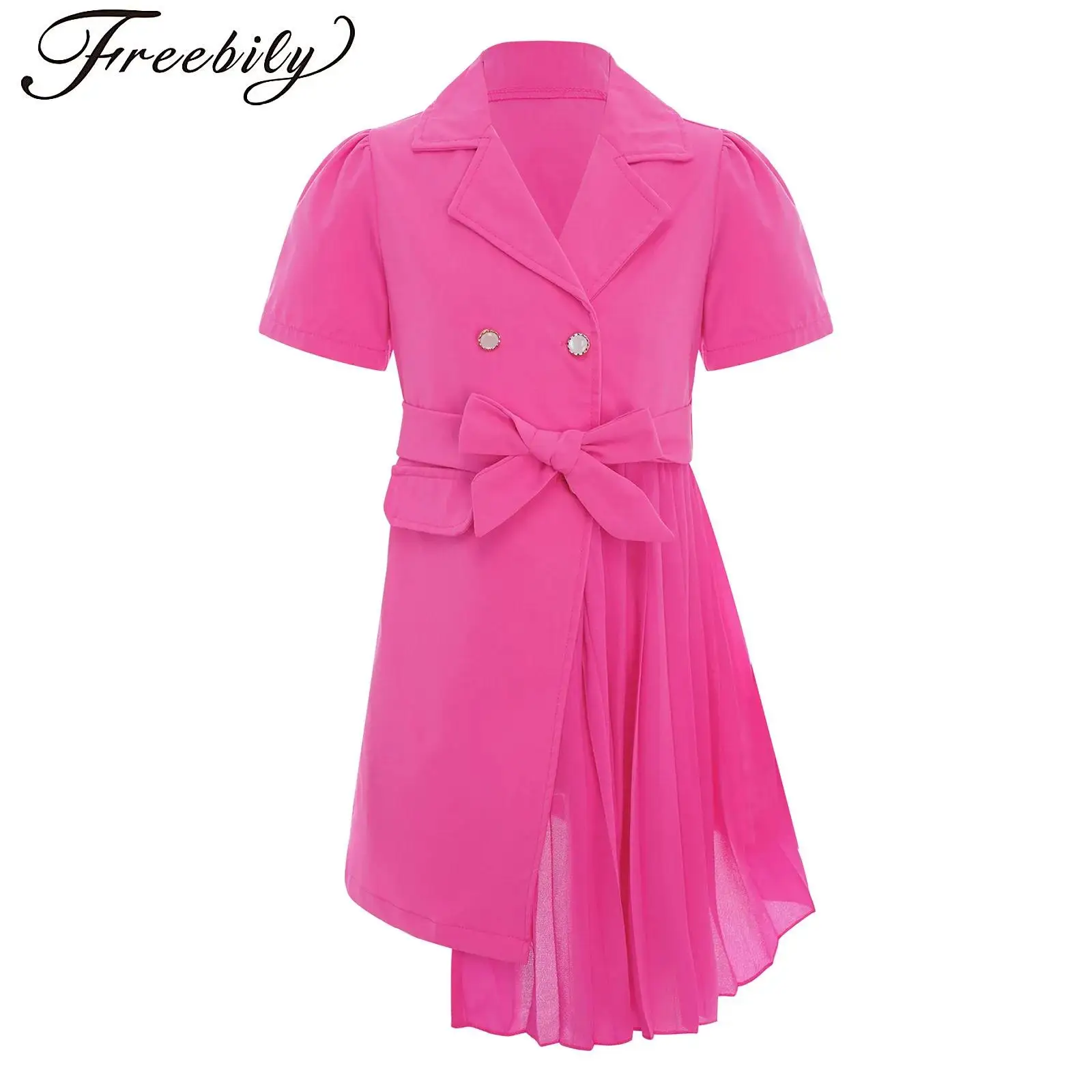 

Girls Formal Suit Dress Lapel Collar Short Sleeve Pleated Chiffon Patchwork Suit Dress with Belt for Pageant Party Photography