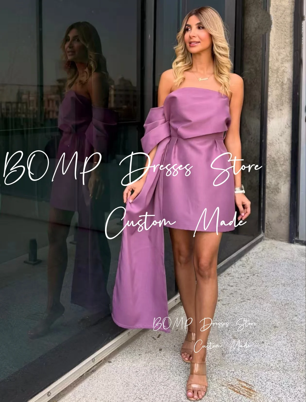 

BOMP Элегантное фиолетовое платье из тафты для торжественных случаев на одно плечо с жакетом со складками А-силуэта Короткие платья для свадебной вечеринки по индивидуальному заказу