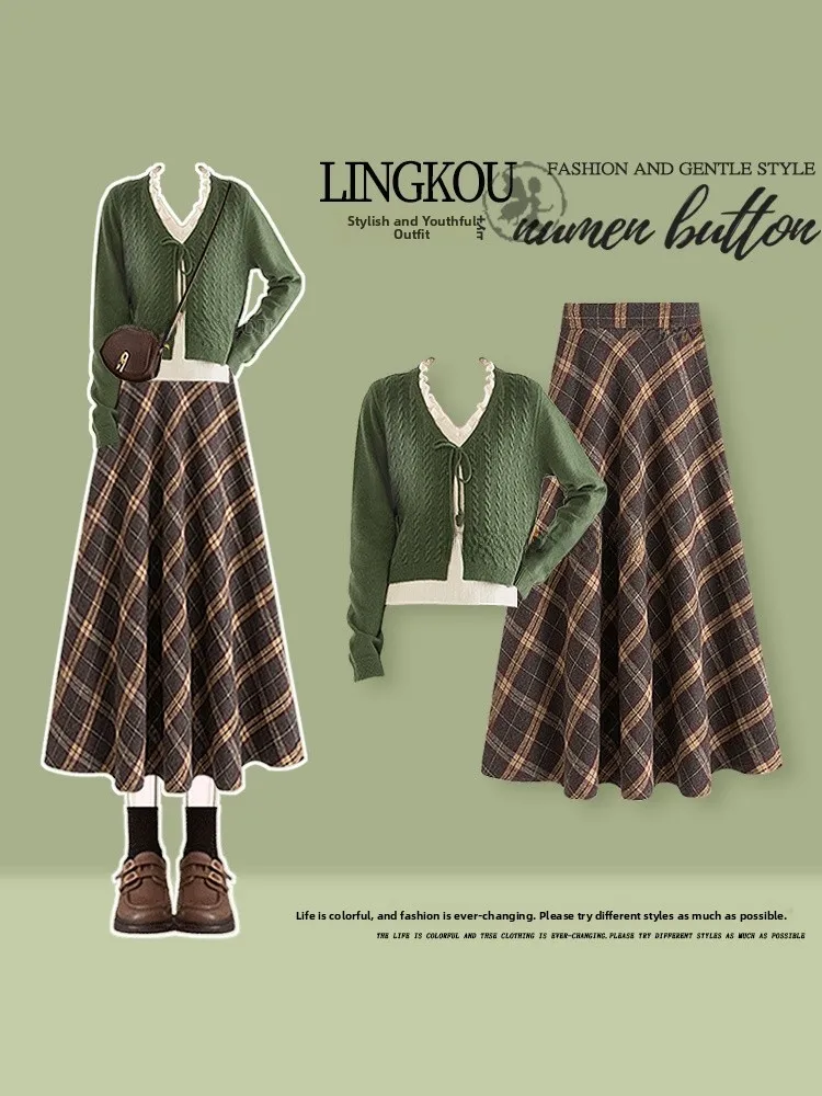 

Elegant Knitted Two-Piece Set for Women Autumn Plaid Skirt V-Neck Knot High Waist Loose Fit Fashion Ensemble