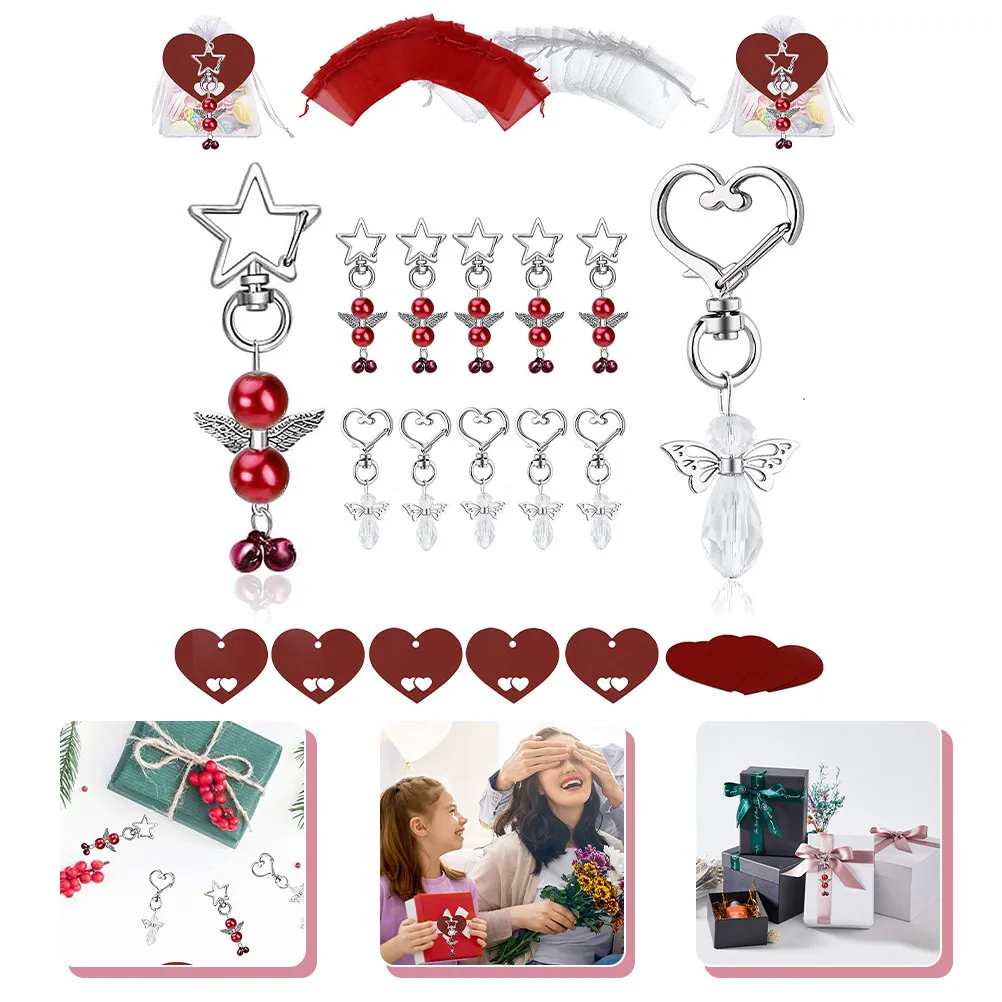 30Sets Angel Keychains with Paper Labels Bags Hanging Tags for Wedding Shower Valentine Christmas Birthday Gifts Key