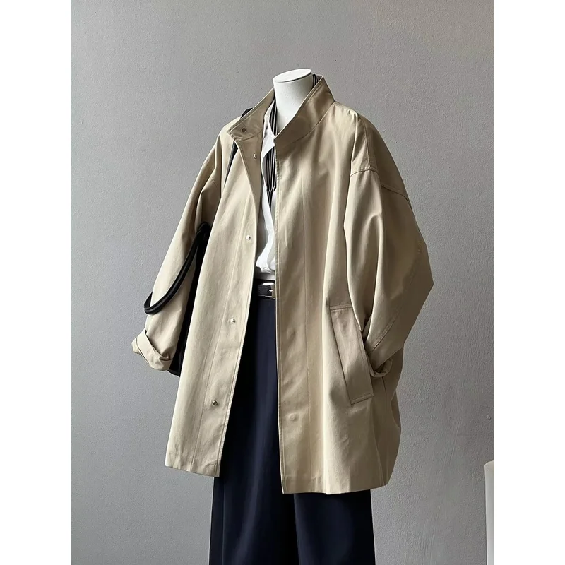 Japanese Tooling Stand-Up Collar Trench Coat Women's 2026 Autumn And Winter New Korean Version Loose Long Padded Texture Coat