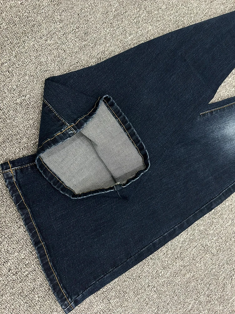 Retro azul cintura baixa queimado jeans feminino primavera 2025 fino ajuste bootcut calças compridas perna reta jeans cor profunda