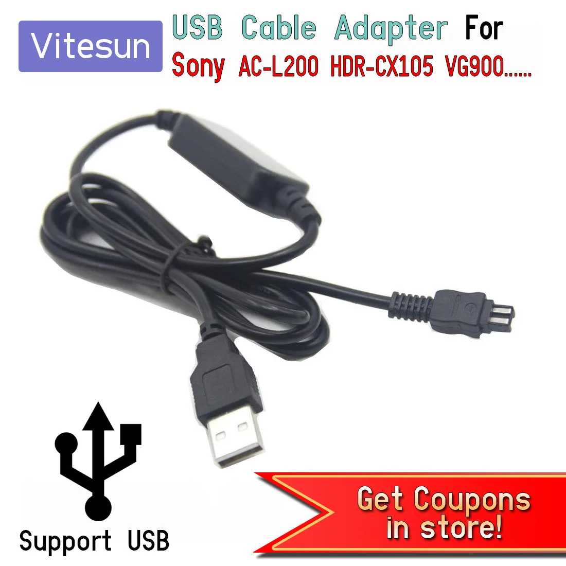 USB Power Adapter Cable  AC L200 AC-L200 AC-L25 for Sony DSC-HX200 DSC HX100 HDR-CX105 FDR-AX100 FDR-AXP35 HDR-C6 VG900 Cameras