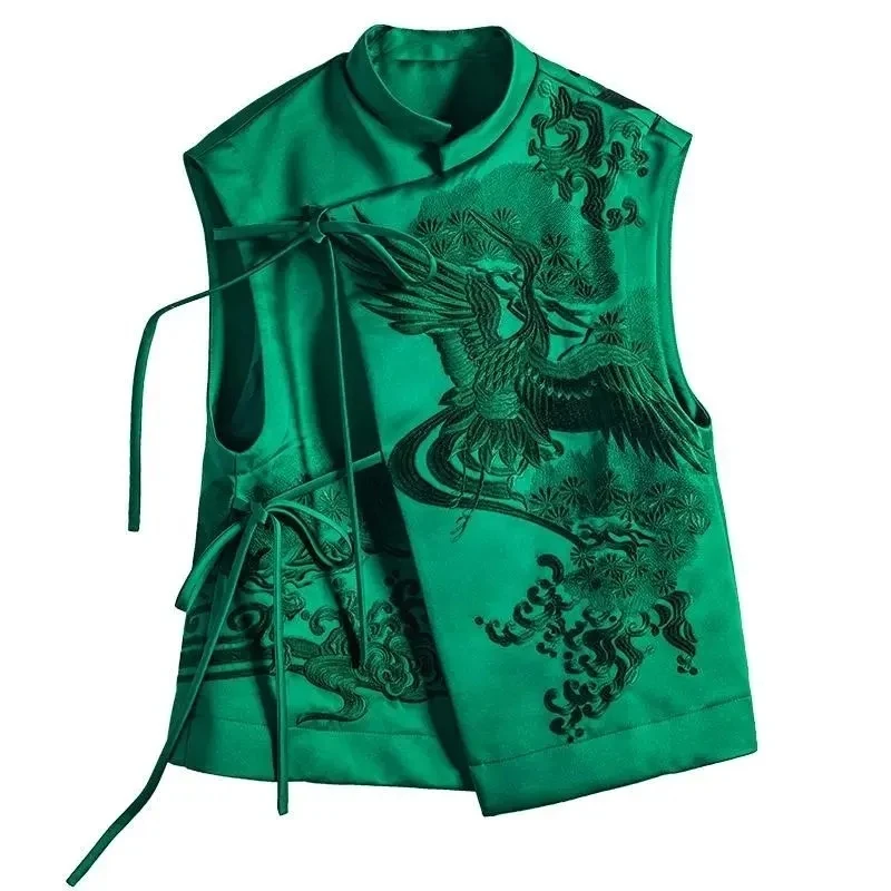 

Retro Heavy White Stork Embroidery Green Lace Chinese Vest Jacket 2025 Spring Summer Chinese Style Waistcoats Outerwear Female