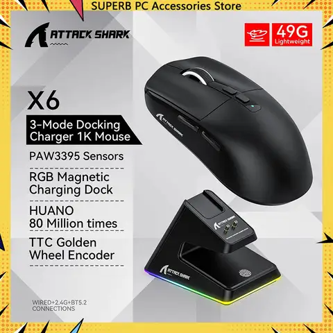 Attack Shark X6 PAW3395 Bluetooth Mouse Tri-Mode Connection RGB Touch Magnetic Charging Base Macro Gaming Mouse PC Accessories