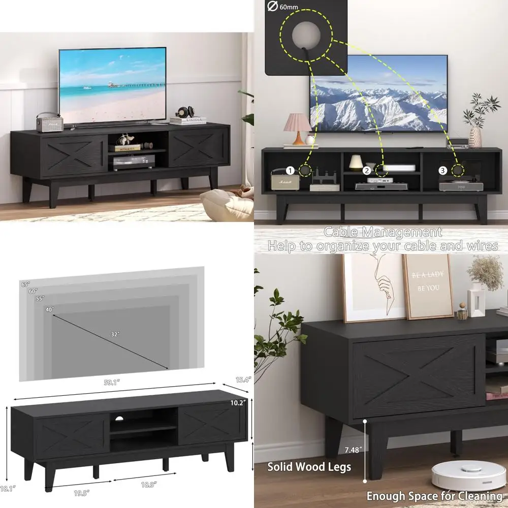 Rustic Farmhouse Style TV Stand for 55-65 Inch TVs with Sliding Doors and Storage Shelves