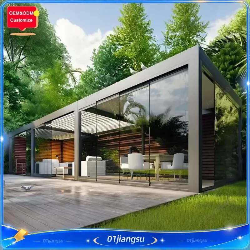 18x32ft Motorized Aluminum Pergola with Glass Door Waterproof Louvered Gazebo Roof Adjustable Outdoor Terrace Canopy Easy
