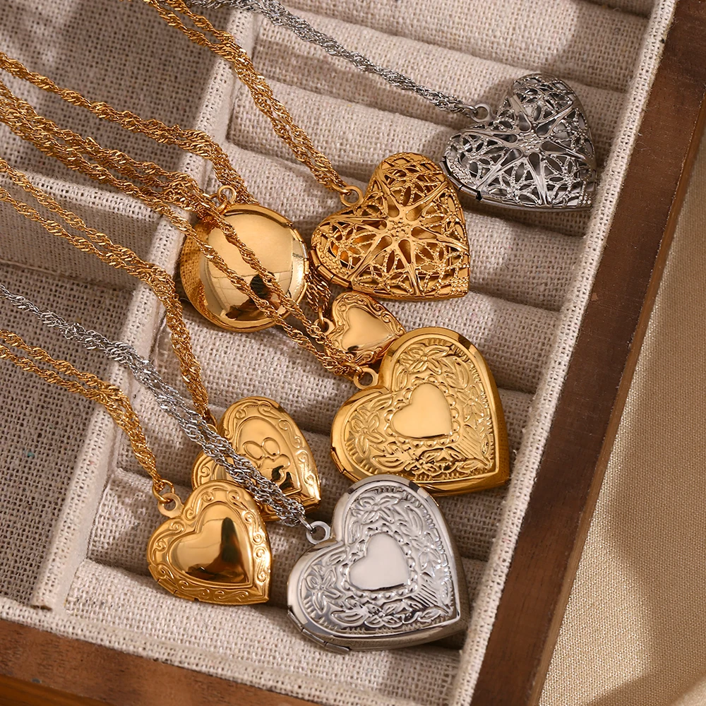 E.B.belle Flower Pattern Hollow Heart Photo Box Pendant Necklace For Women Stainless Steel Jewelry 18K Gold Plated Souvenir Gift