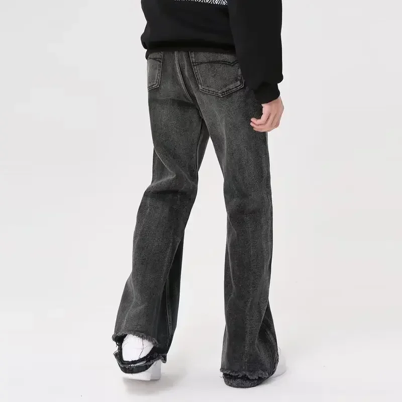 리비엘리 사계절 남성 한국 루즈 스트레이트 블랙 진 팬츠 캐주얼 트렌디 와이드 레그 홀 하이 스트리트 데님 트라우저 남성 S