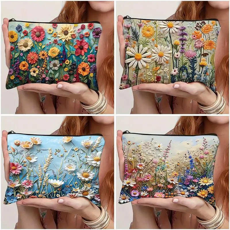 Boho Floral Double-sided Printed Makeup Pouch Travel Organizer Handbag Linen Women Cosmetic Storage Bag For Gift