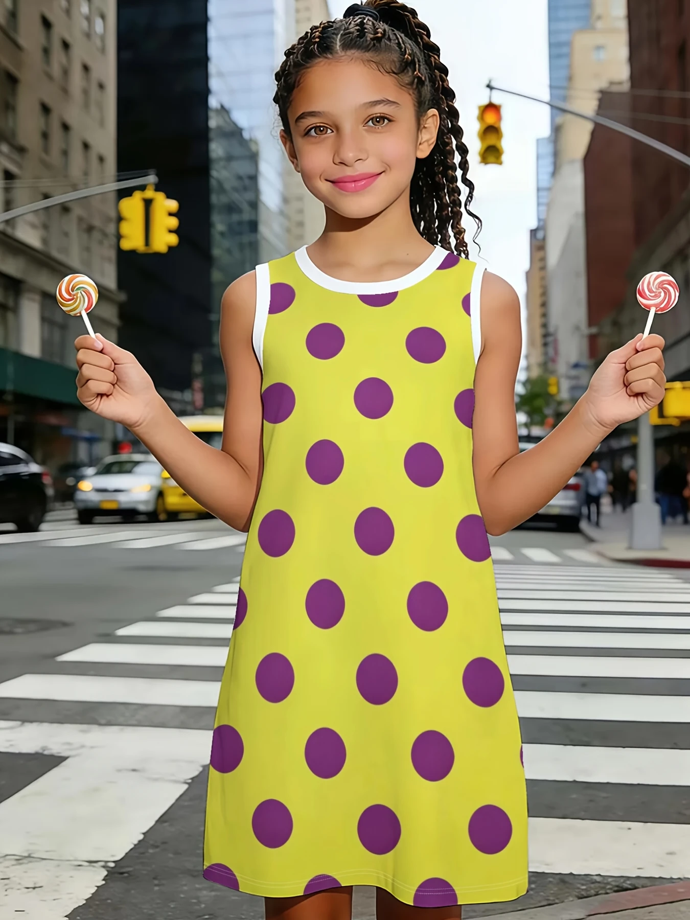Children Sleeveless Tank Sundress Colorful Rainbow Stripe Print Loose A‑Line Knee Length Outfit for City and Casual Summer Wear