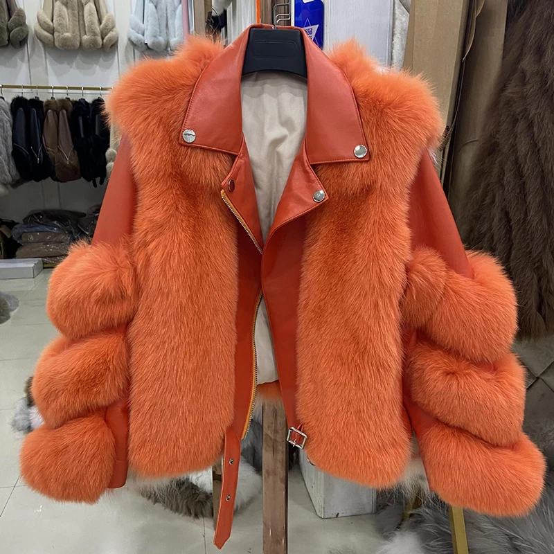 

High Quality Natural Fox Fur Women Real Leather Short Jacket Coats Fashion High Streetwear Female Zipper Moto&Biker Fur Jackets