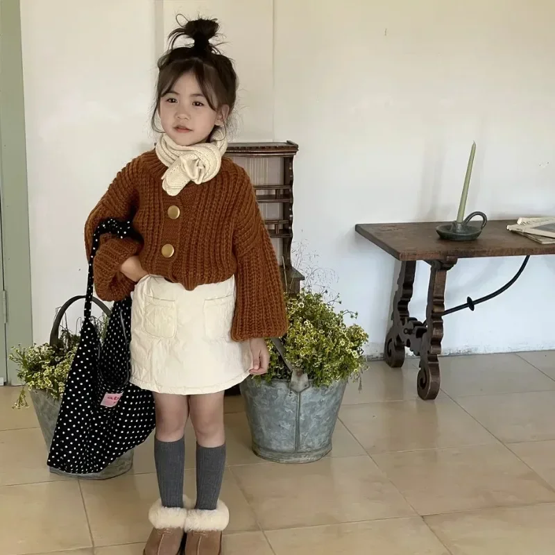 2024 Winter New Children Wear Girls Knitted Sweater Metal Button Cardigan Coat Children Baby Lantern Sweater Coat Trendy