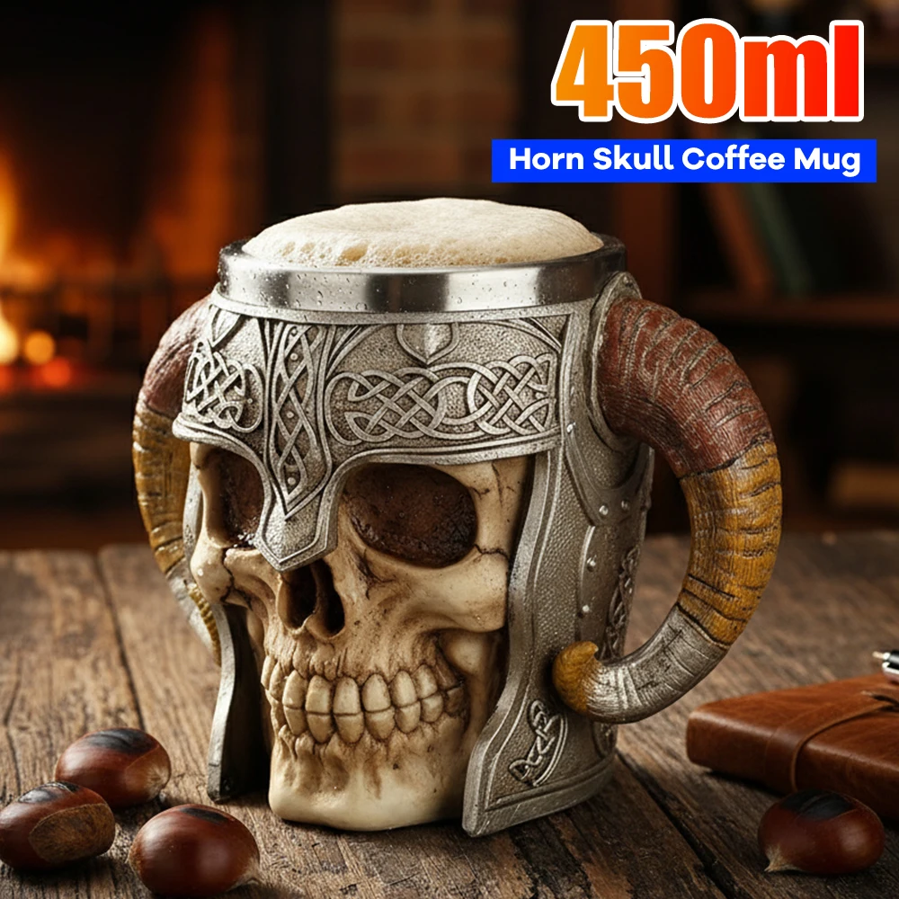 

450ml Skull Mug Stainless Steel+Resin Coffee Mugs Heat Resistant Travel Cup Vintage Horn Drinking Tea Mug Home Office Decoration