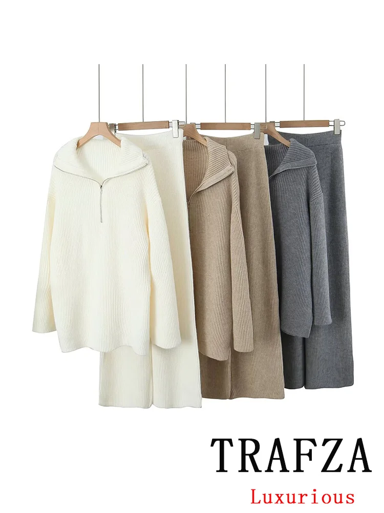 TRAFZA Vintage Casual Chic Solid Women Knitted Suit Long Sleeve V Neck Sweater Loose Straight Pants Fashion 2024 Suits