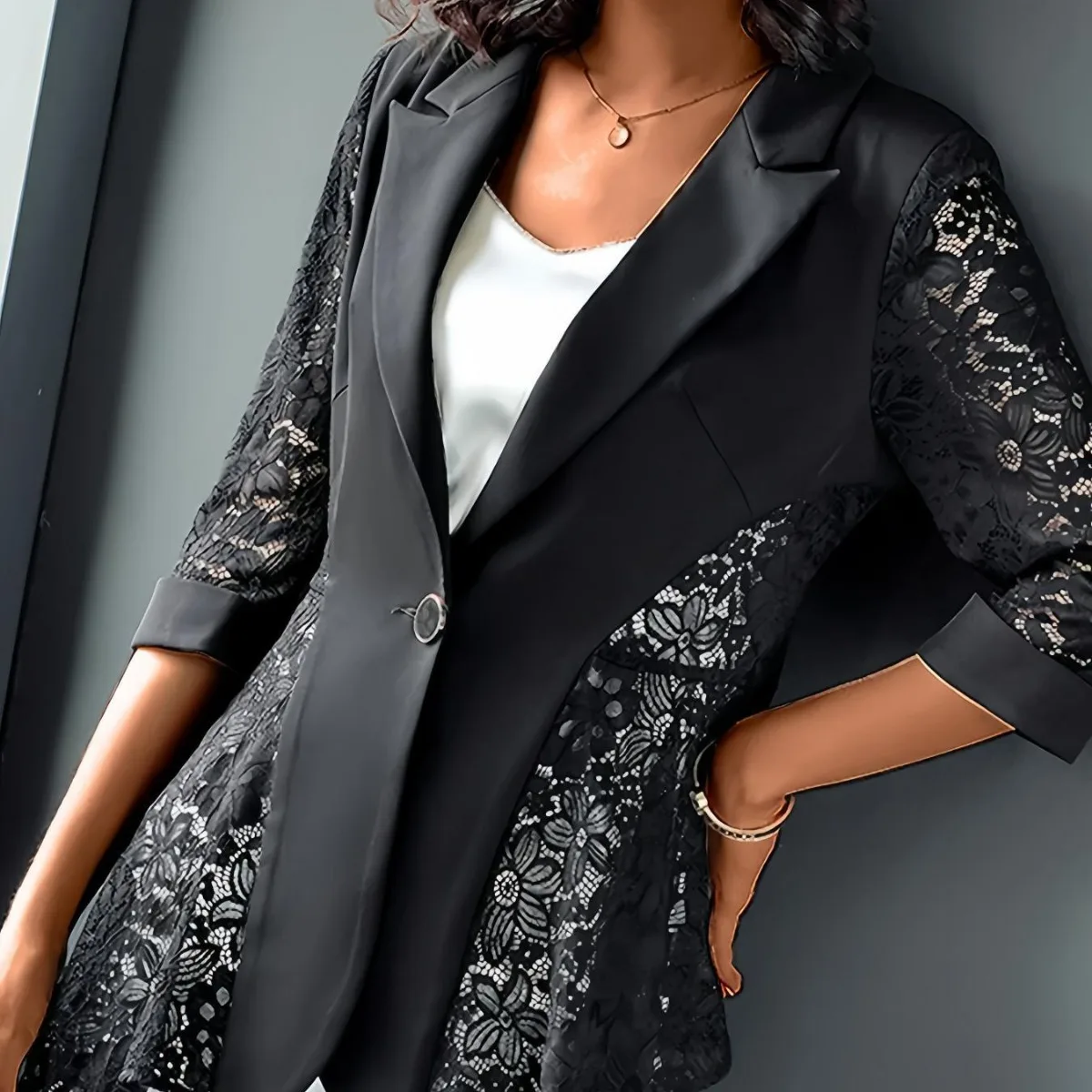 2024 New Fashion Women's Summer Lace Patchwork Suit Elegance Solid Color Women's Top Cropped Blazer