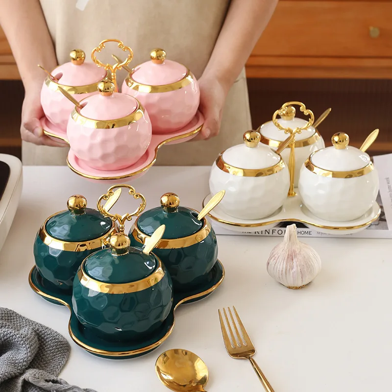 Nordic Porcelain Spice Jar Kitchen Salt Sugar Jar Set Luxury Ceramic Seasoning Storage Jar with Tray