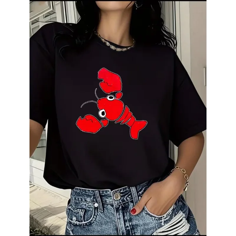 Summer Women's 2026 Trend T-shirt Cute Cartoon Red Lobster Print Short Sleeve Y2K Funny Animal Print Casual Loose Fashion Tops