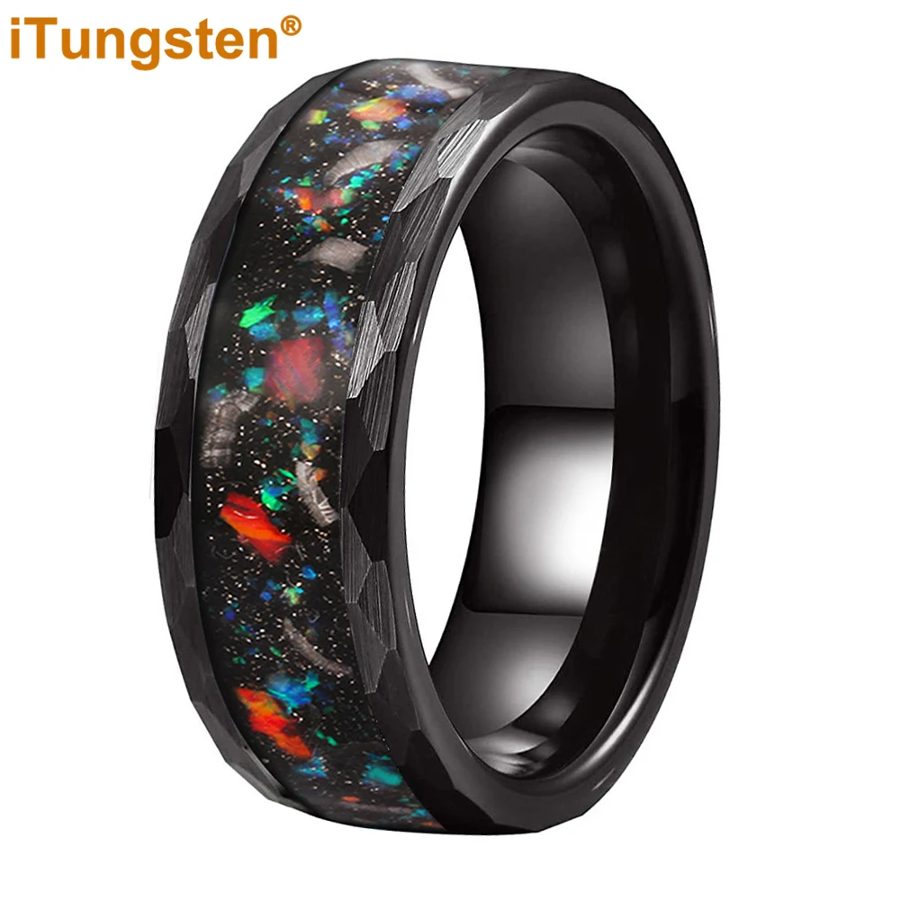 

iTungsten 8mm Black Hammered Tungsten Ring for Men Women Sandblast Based Coloful Opal Inlay Engagement Wedding Band Comfort Fit