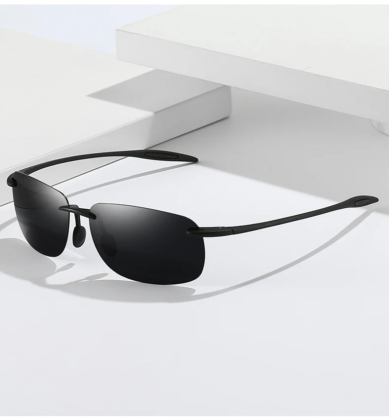 Neue ultraleichte, rahmenlose, farbenfrohe polarisierte Sonnenbrille für Männer und Frauen aus TR90-Material, geeignet für Freizeit und Urlaub, UV400. – Detail 5