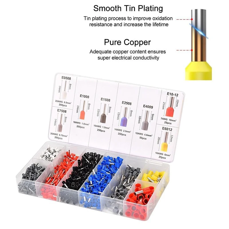 1200pcs Tubular Terminal Block Connector Wire Terminal Kit Insulated Cord Pin End Terminal Electrical Crimper Terminator