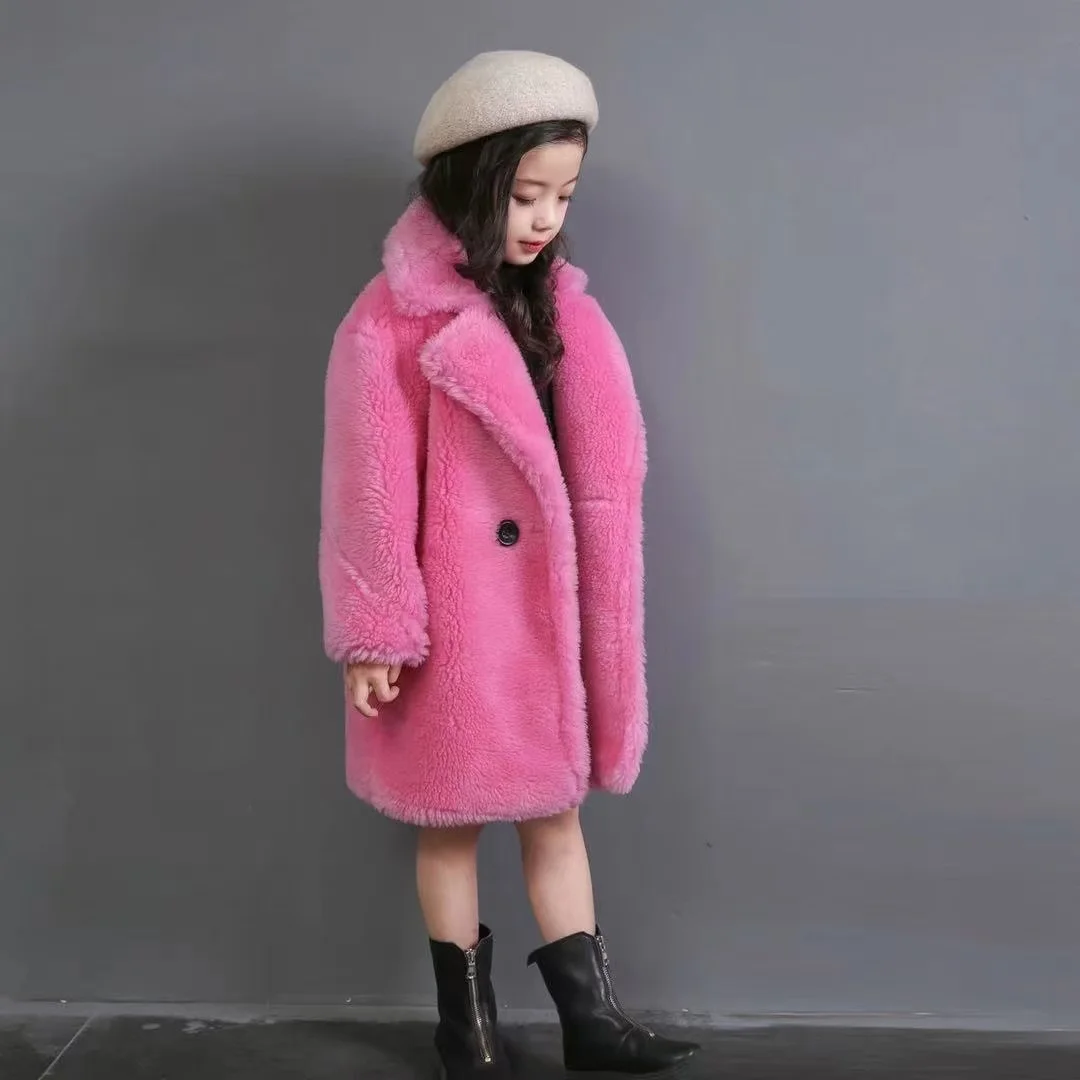 2025 New Winter Clothes for Girls Trench Coat Shorn Sheepskin Solid Color Long Overcoat Unisex Thicken Fur Turn Down Coolar