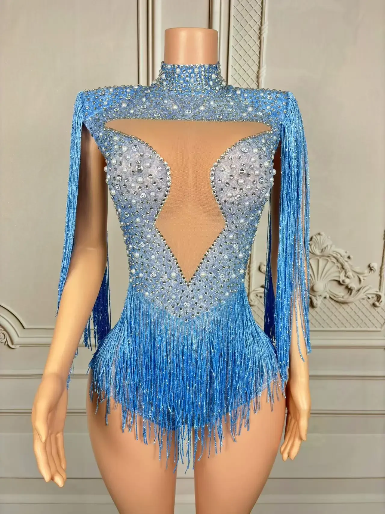 

Blue DRhinestones Tassels See Through Bodysuit Women Nightclub Dance Costumes DJ Show Stage Wear Party Singer Outfit