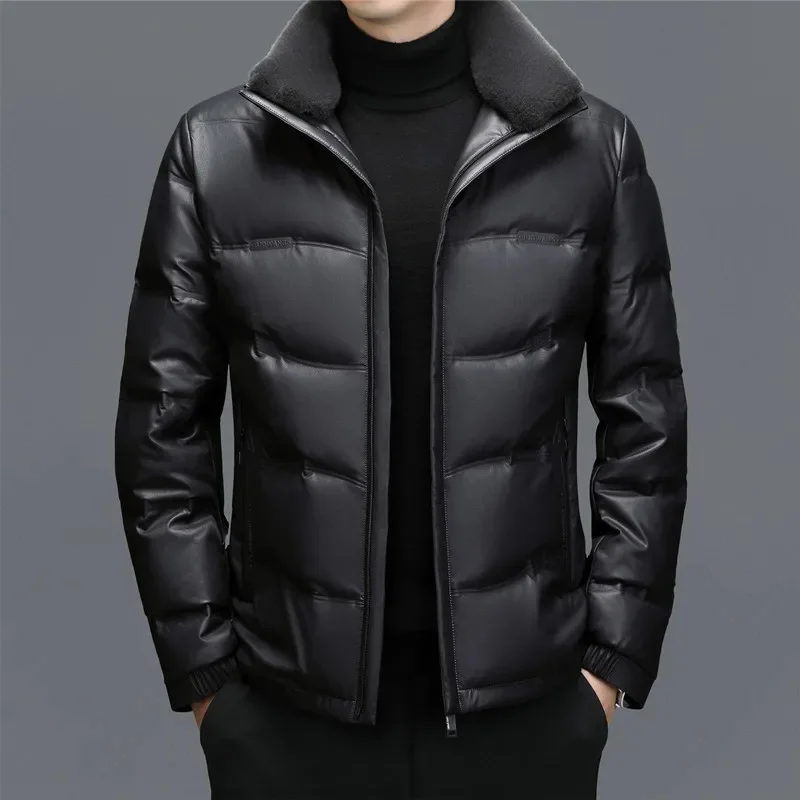 ZDT-8053 Winter Men\'s Sheepskin Down Coat With Plush And Thickened Short Wool Standing Collar Casual Genuine Leather