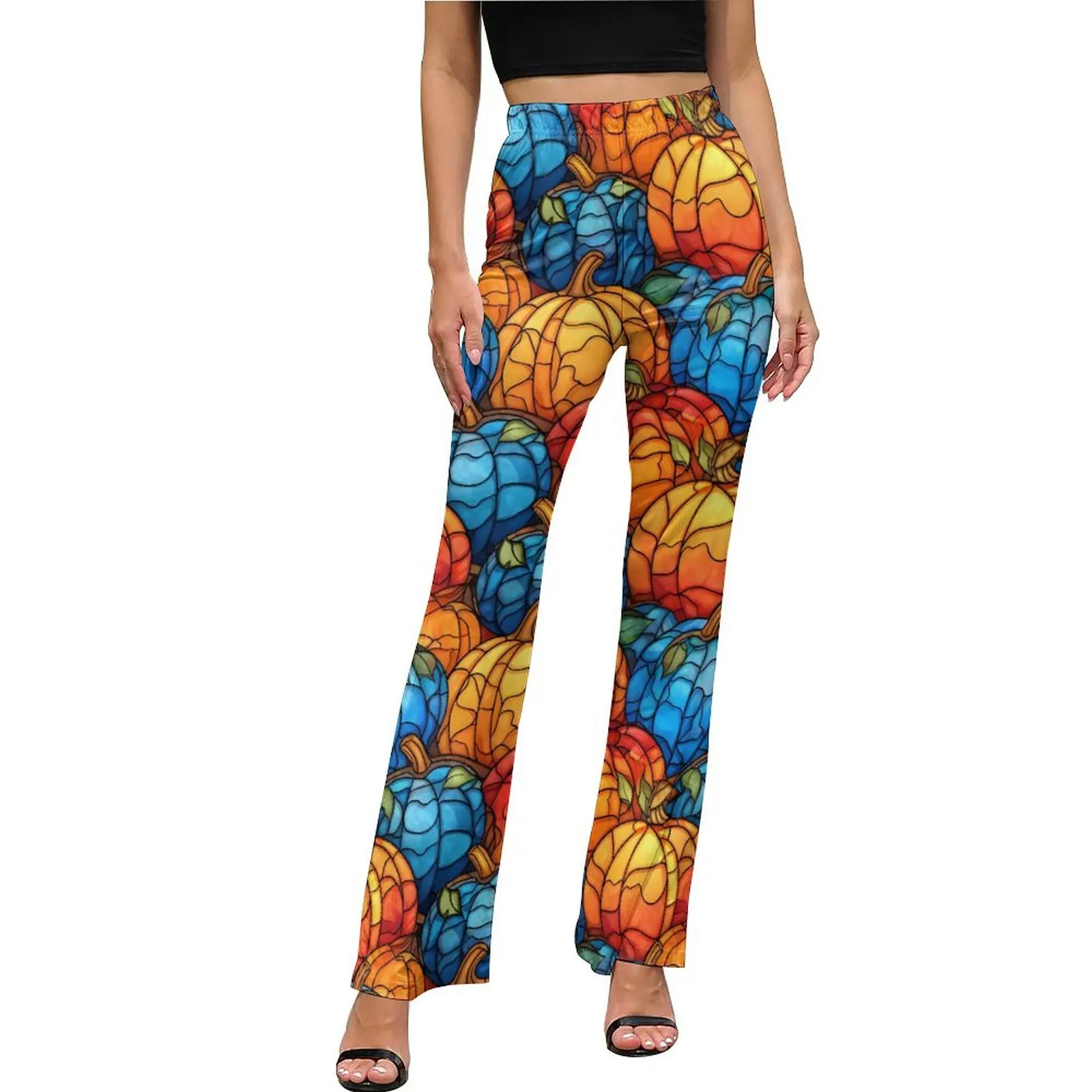 

Stained Glass Pumpkins Pants Blue And Oranger Elastic Waist Trendy Flare Trousers Summer Street Style Pants Birthday Present