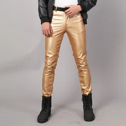 #2212 Black White Red Solver Gold Tight Faux Leather Pants Men Plus Size 38 Stretch Shiny PU Pants Mens Joggers Hip Hop Pants