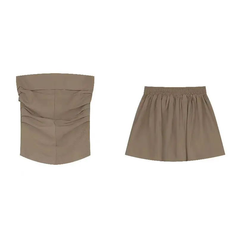 

Set Of Women's Strapless Vest Top, Summer High Waisted Skirt, Half Body Skirt, Two-Piece Set