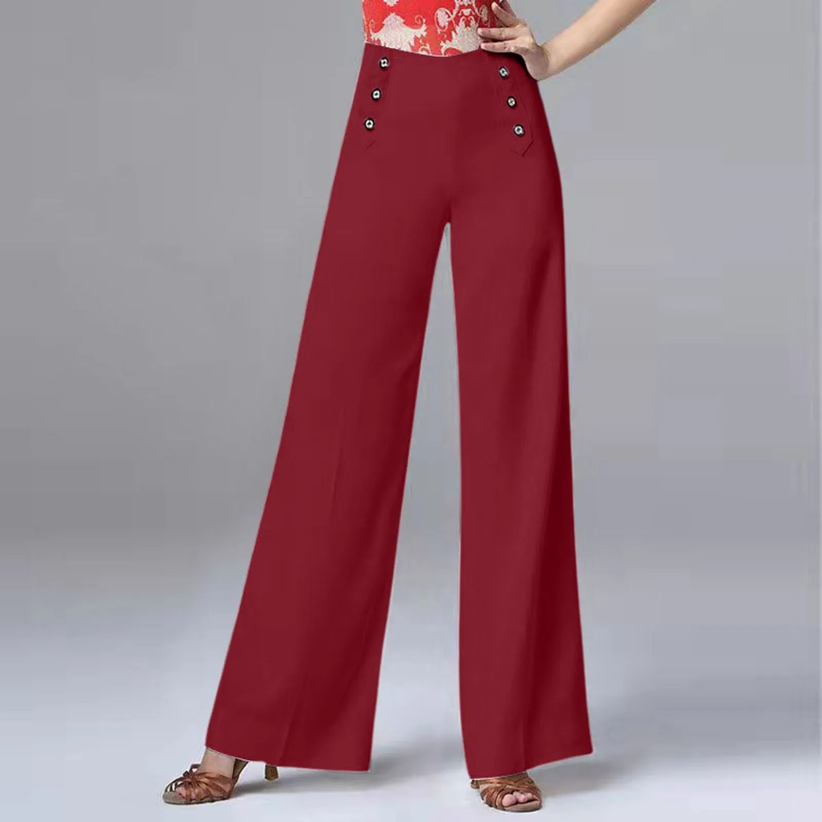 National Standard Modern Dance Wide Leg Pants Women Elegance High Waist Latin Practice Draped Trousers Button Office Lady Pant