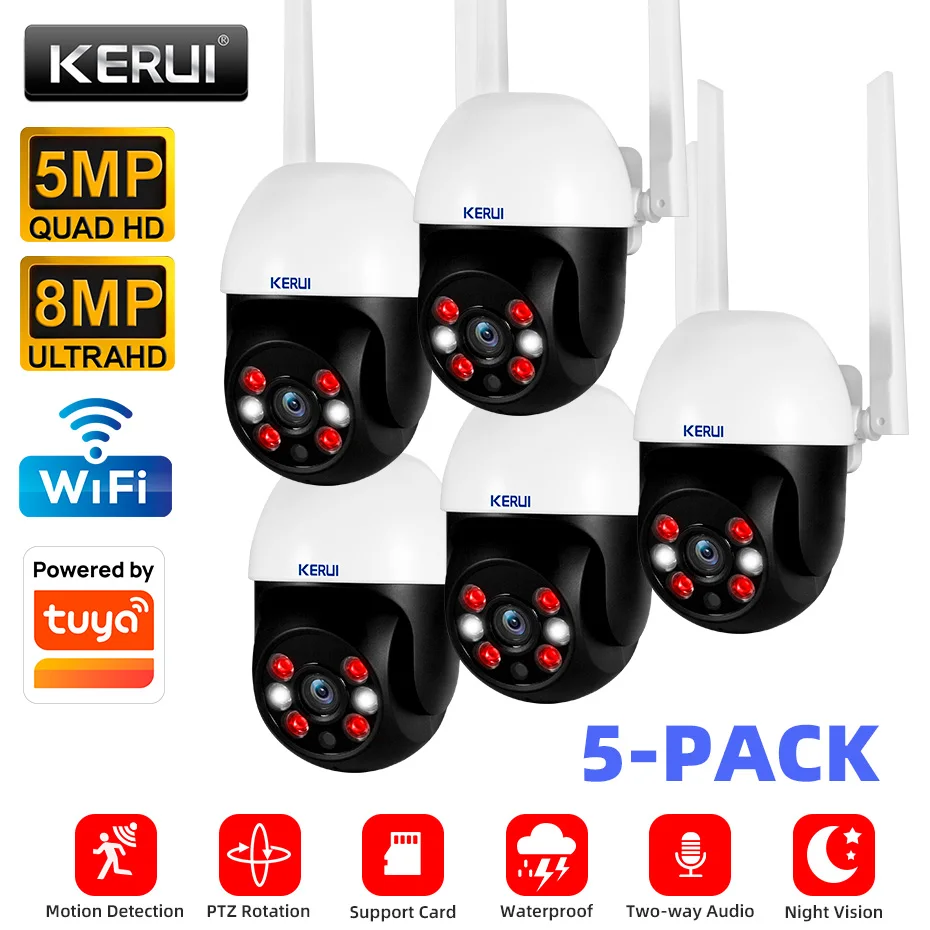 Caméra WiFi PTZ KERUI 8MP/5MP 4K HD pour extérieur/intérieur, caméra IP étanche, fonctionne avec Tuya, vidéosurveillance CCTV, sécurité domestique