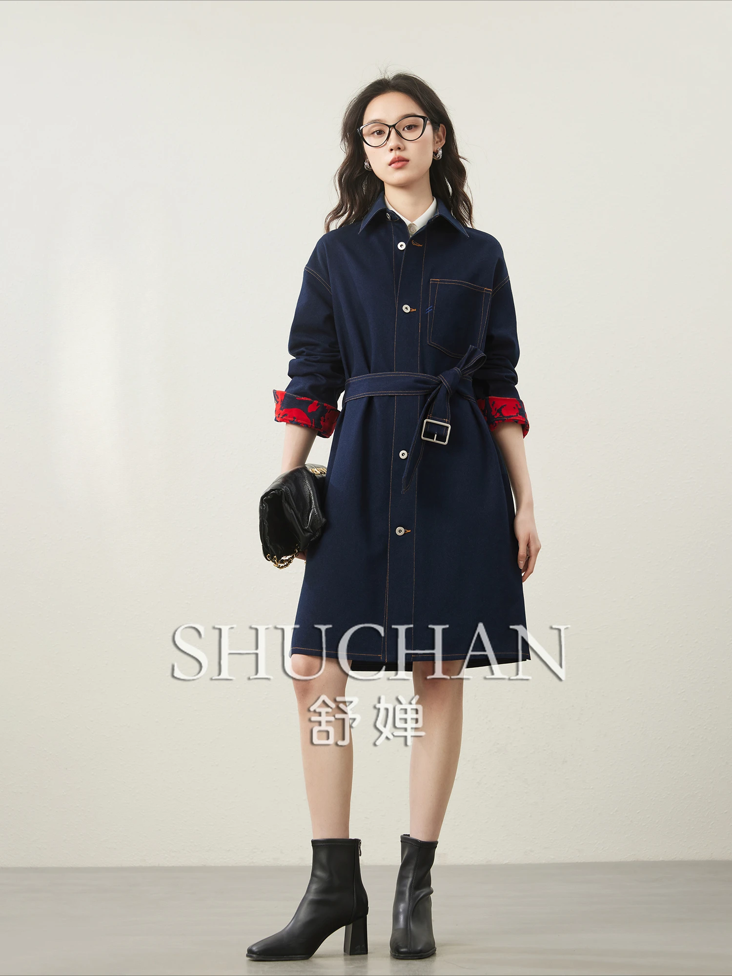 

2025 Kong-style Retro Cuffs Contrasting Colors Flocked Cloth Belt Denim Dress Women New Fashion Dress for Women